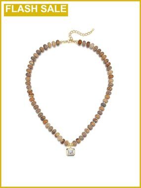 Natural Picture Jasper Beaded Necklace Rhinestone Pendant Gold-Tone